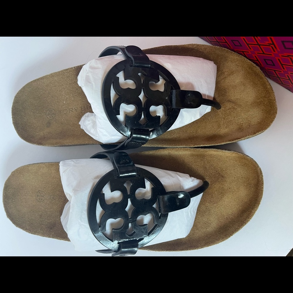 Tory Burch Miller Cloud Sandals Black Patent Cork